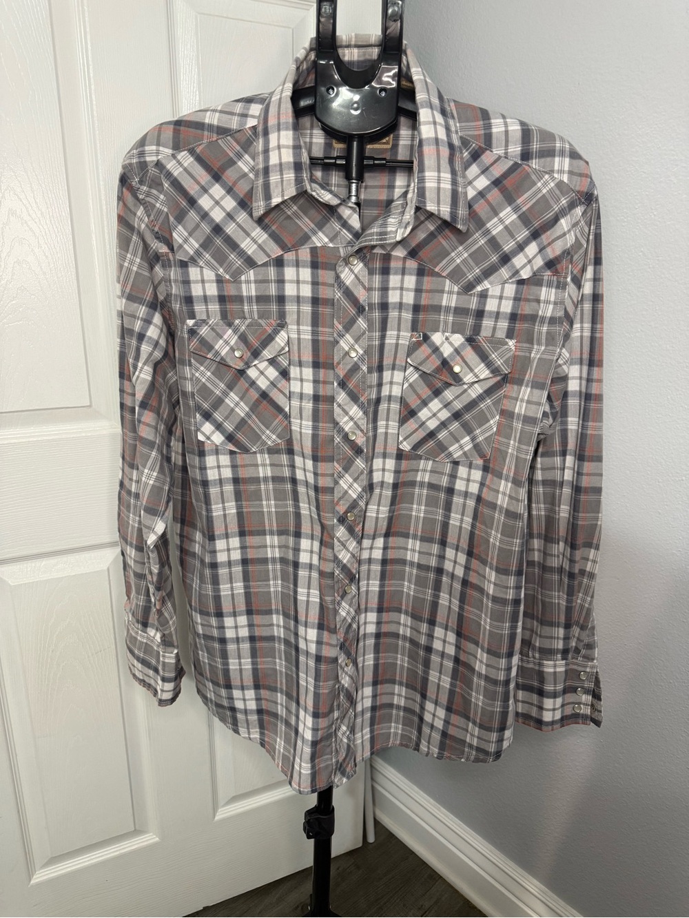 Wrangler Western Shirt Men’s XL Gray Plaid Pearl Snap Long Sleeve Cowboy